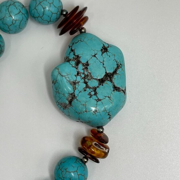 Turquoise Beaded Necklace Amber Accents & Toggle Clasp - Picture 4 of 5